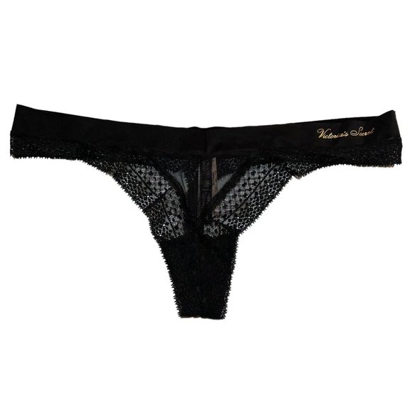 NWT VICTORIA'S SECRET Incredible Logo Thong Pantie Sz XL Black Mesh Lace - Picture 1 of 4